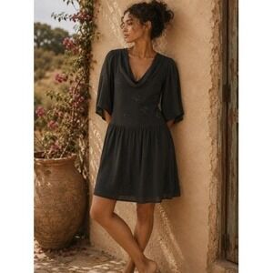 Moonglow Black Beaded Silk Cowl Neck Mini Dress Size M 3/4 Bell Sleeve Boho Goth